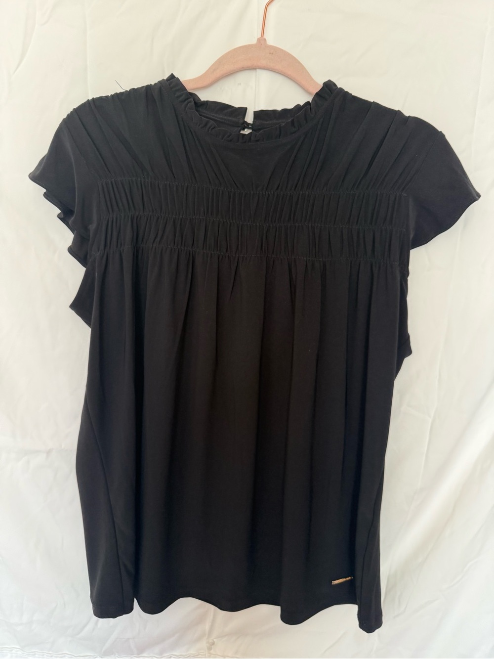 Anne Klein Black Short-Sleeve Smocked Yoke Blouse